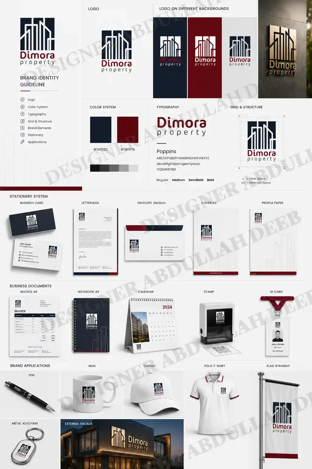 تصميم هوية بصرية كاملة لشركة Dimora Property العقارية — شعار ونظام ألوان وخطوط ومطبوعات