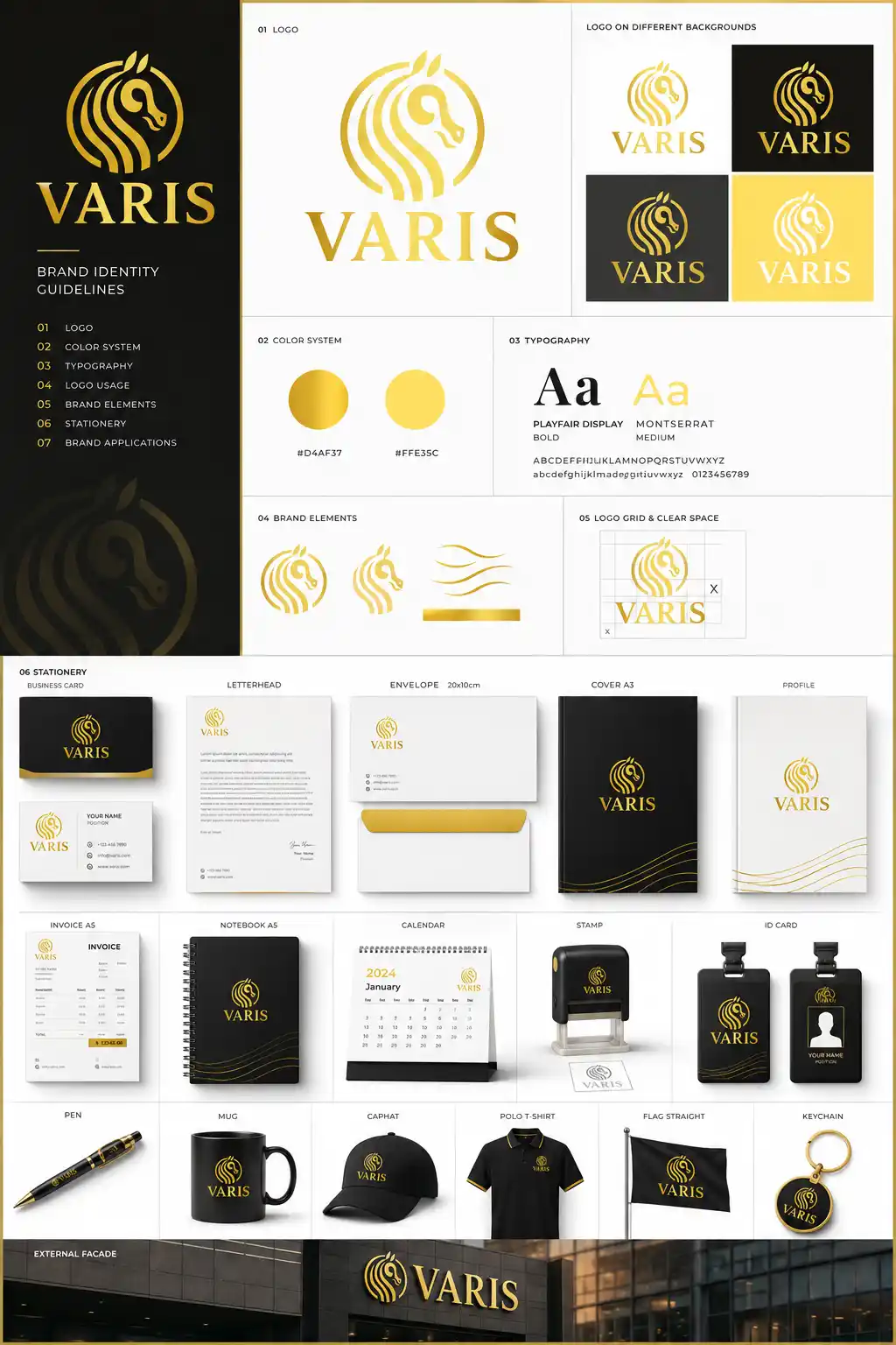 تصميم هوية بصرية فاخرة لعلامة VARIS — شعار ذهبي ونظام مطبوعات وتطبيقات العلامة