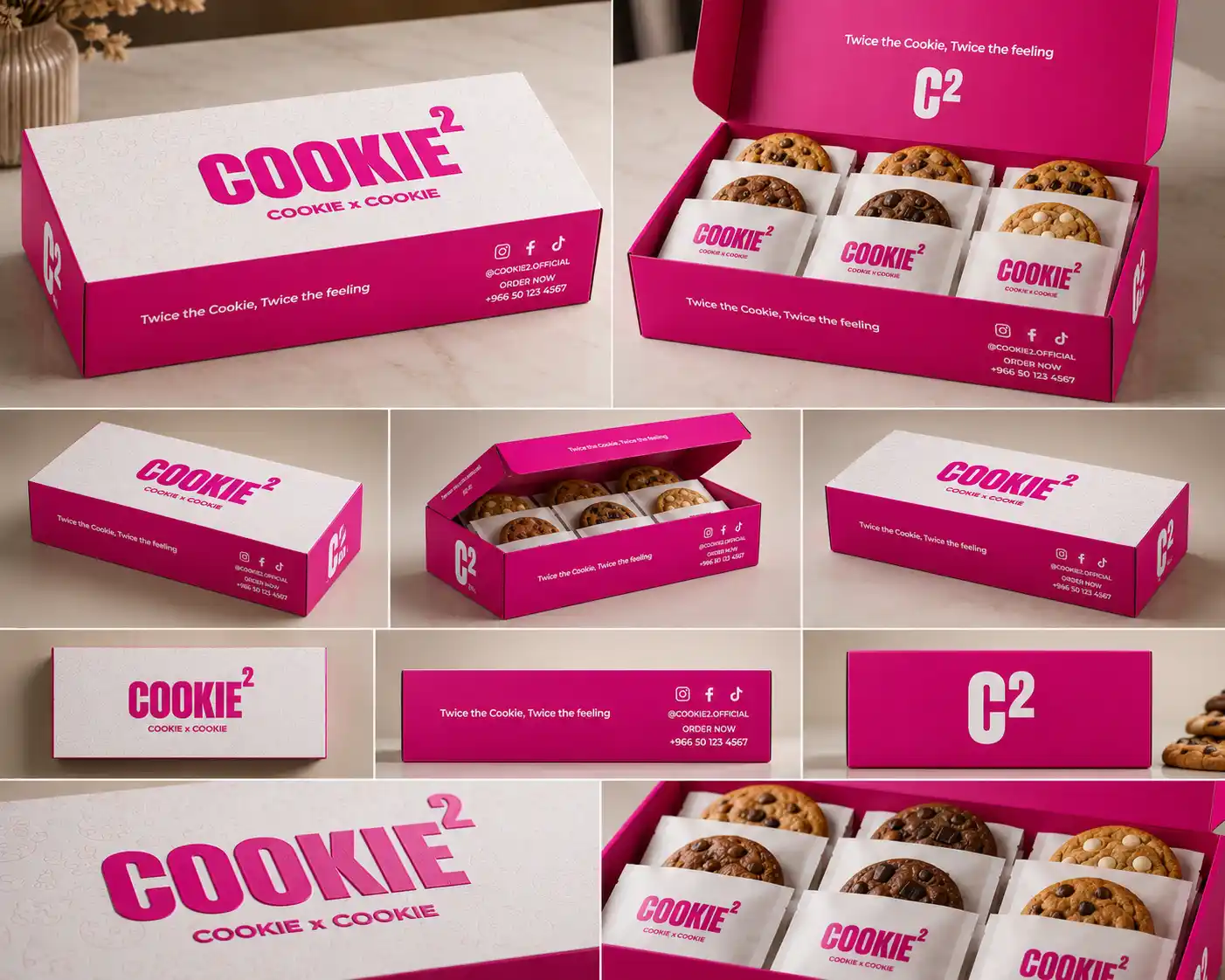 تصميم تغليف وباكجات لعلامة الكوكيز COOKIE² — هوية تجارية وتغليف جاهز للرف